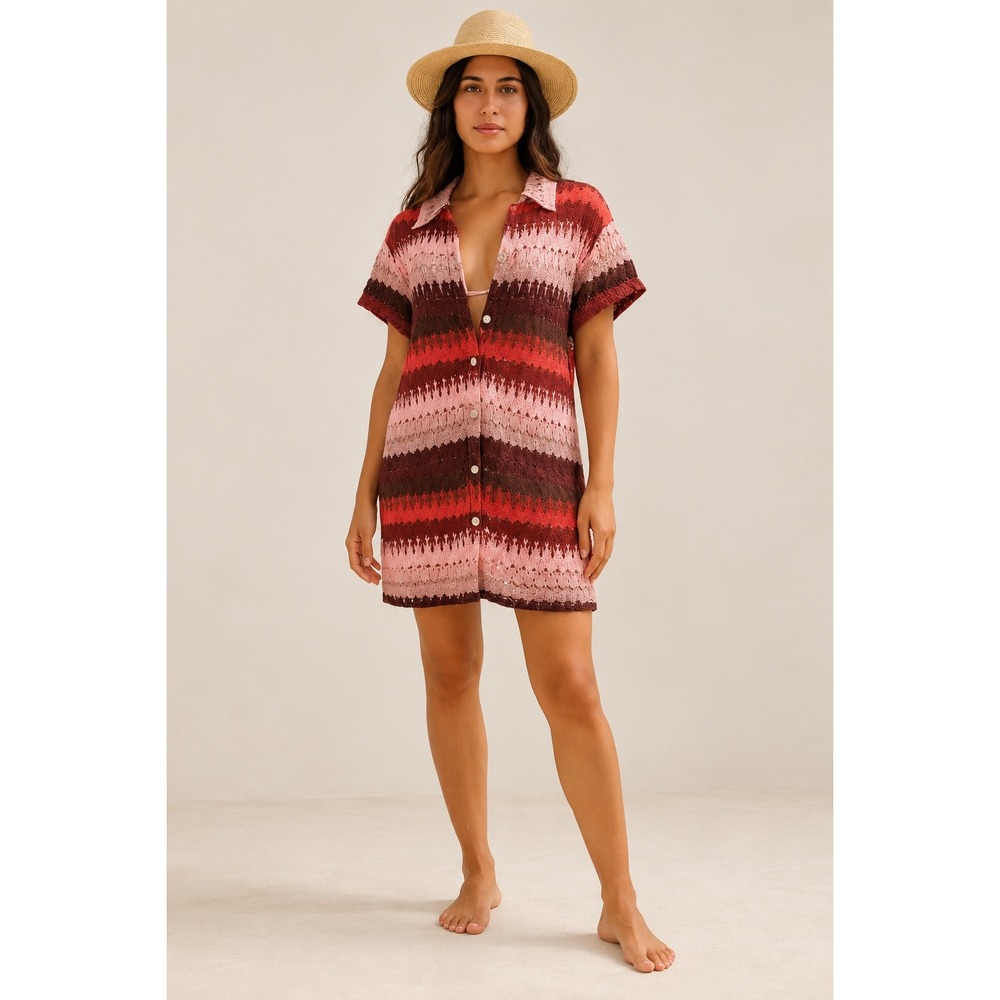 Show Me Your Mumu Red Striped Crochet Button Down Mini Swim Cover Up Dress, S